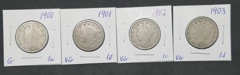 lot 69 image: 1900, 1901, 1902, 1903, Liberty Head Nickels lot of 4