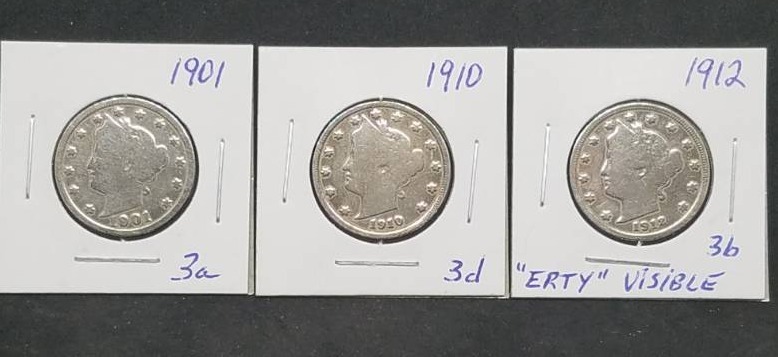 lot 70 image: 1901, 1910, 1912 Liberty Head Nickel lot of 3