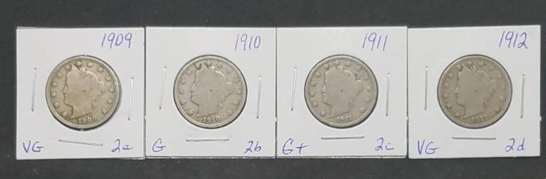 lot 71 image: 1909, 1910, 1911, 1912 Liberty Head Nickel lot of 4 coins