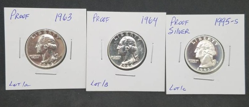 lot 72 image: 1963, 1964, 1995, Silver Proof Quarters