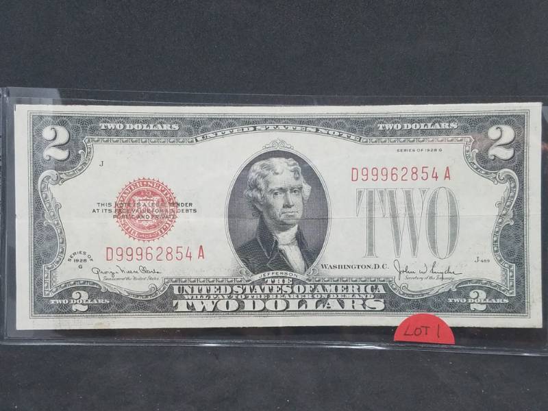 lot 75 image: 2 dollar Bill 1928 Series Red Seal Silver Certificate