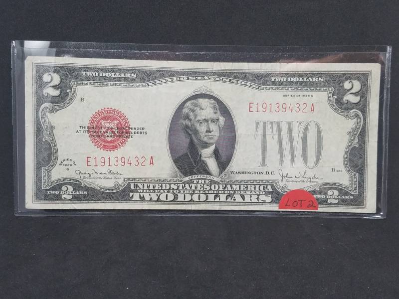lot 76 image: 2 dollar Bill 1928 G Series Red Seal Silver Certificate