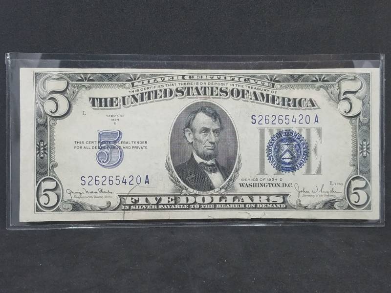 lot 79 image: 5 dollar Bill 1934 Series Silver Certificate