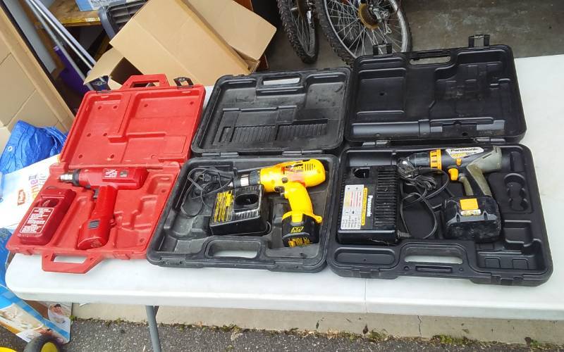 lot 7 image: Milwaukee, DeWalt, Panasonic (Drill, Battery, Charger Sets)