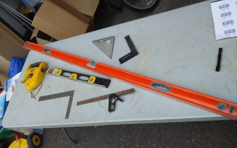 lot 10 image: Cen-Tech Level, Irwin Tape, Squares & Straight Edges