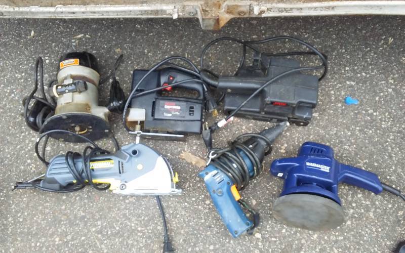 lot 13 image: Craftsman Router & Sabre Saw, Skil Belt Sander, Waxmaster, Performax Saw, AEG Drywall Gun