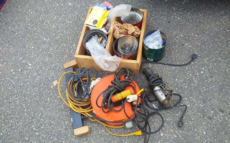 lot 17 image: Hardware, Nails, Screws, Multi Plug, Extension Cords, Trouble Light