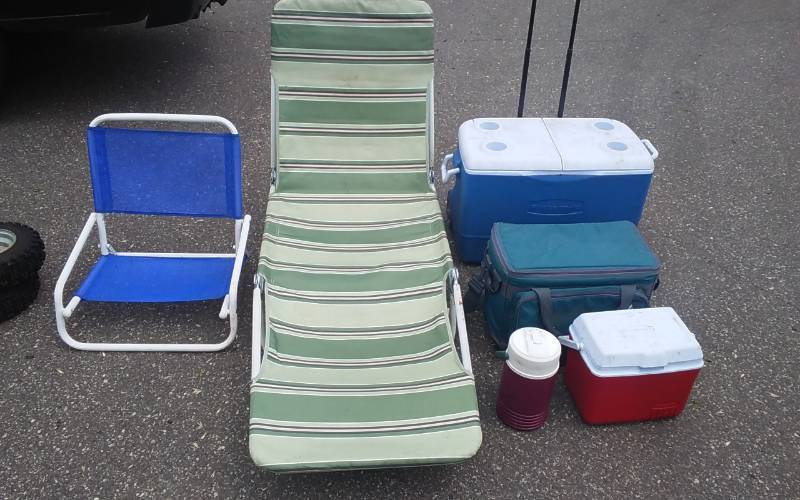 lot 24 image: Folding Beach Chair, Folding Chaise Chair, Assorted Coolers, Lunch Box, Jug