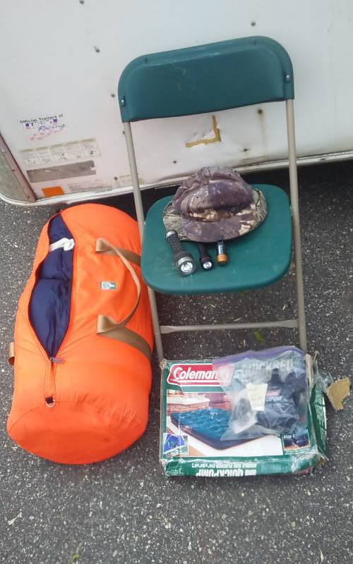 lot 25 image: Sleeping Bag, Coleman Mattress With Pump, Folding Chair, Flashlights & Misc