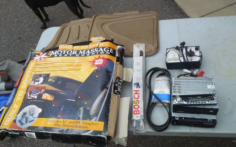 lot 27 image: Automotive Related Floor Mats, Radios, Battery Charger, Massage Seat Cushion, More
