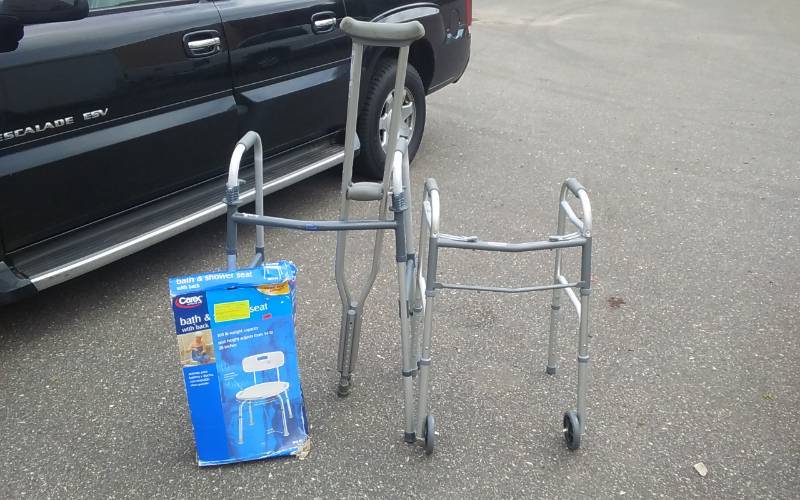 lot 30 image: 2-Walkers, Pair Of Crutches, Shower Chair