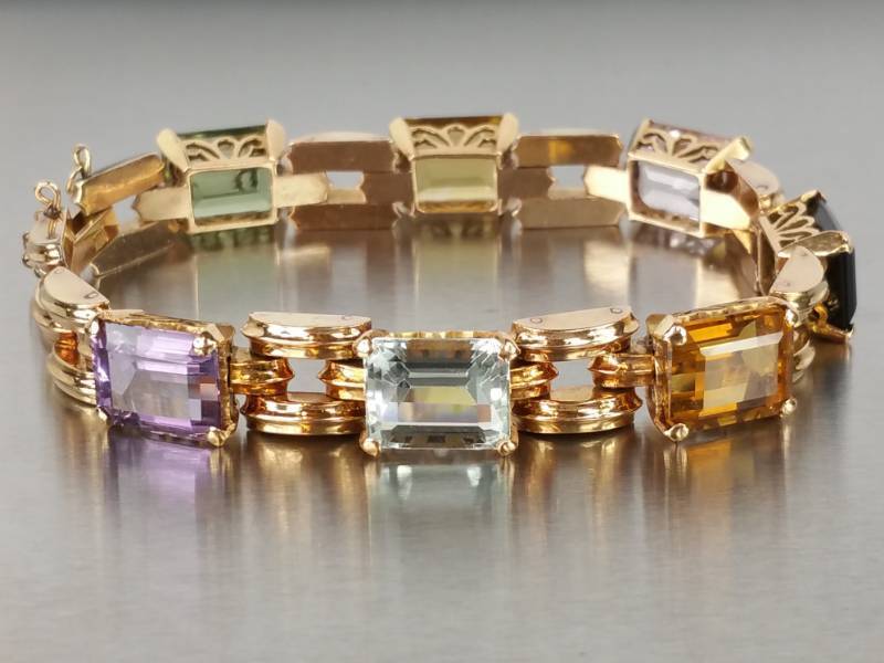 Stunning 18k Gold Bracelet Studded with Tourmaline, Aquamarine, Amethyst, Peridot, Citrines, and Topaz