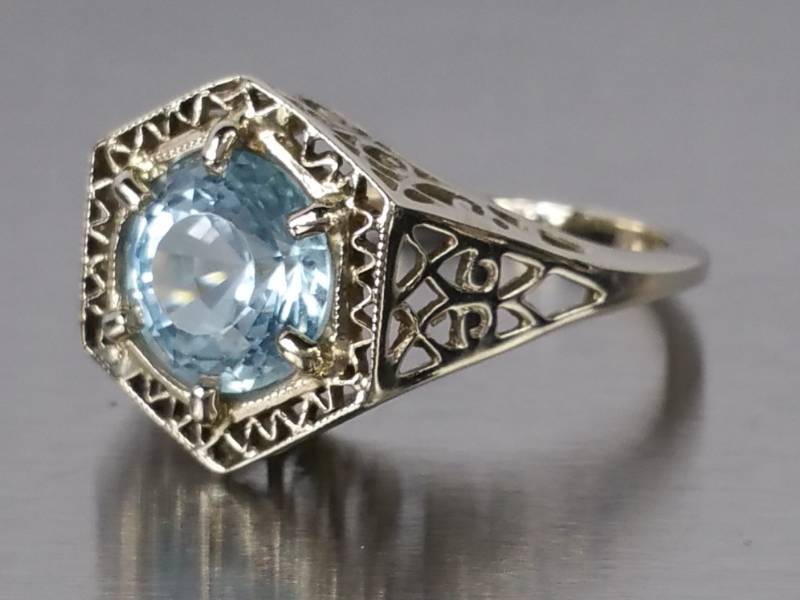 Art Deco Cut Blue Topaz Estate Ring in Filigree 14k White Gold