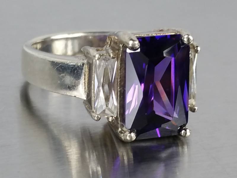 Dazzling Purple and White Cubic Zirconia Estate Ring in Sterling Silver
