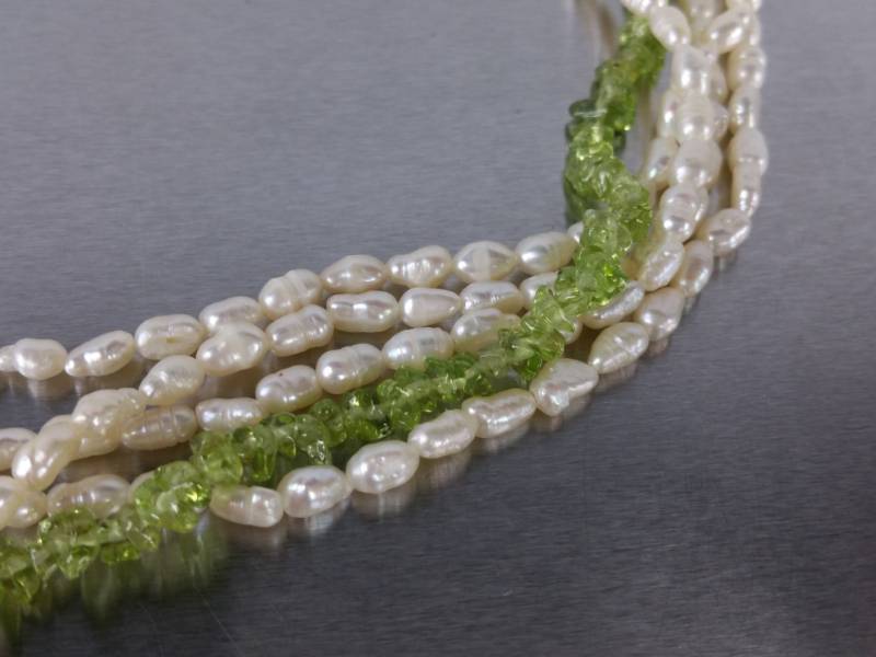 5 Strand Pearl and Peridot Estate Necklace with Dolphin Clasp