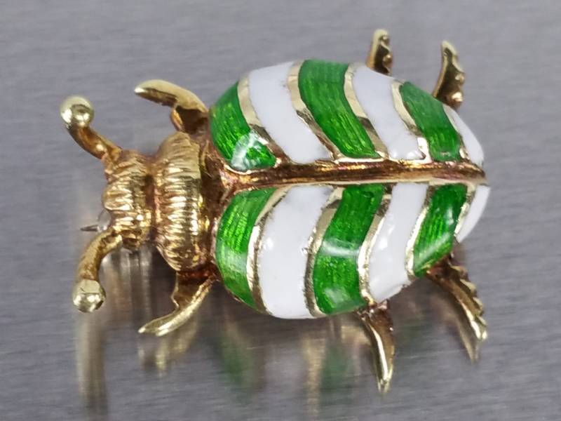 Vintage Martine Signed Designer 14k and Enameled Beetle Pin