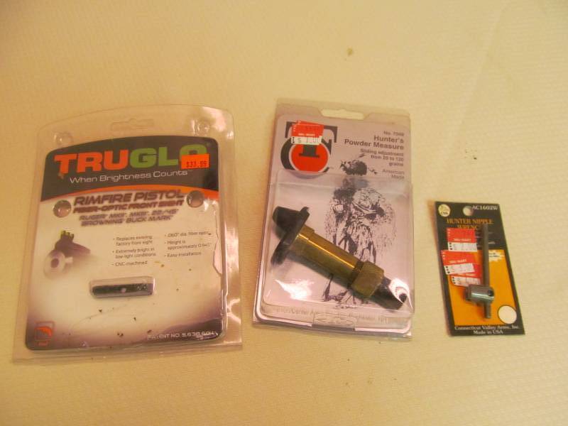 lot 49 image: Hunter Nipple Wrench, Powder Measure, Rim fire Pistol Fiber- Optic Front Sight