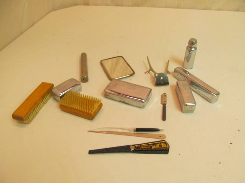 lot 65 image: Vintage Boot Brushes, Traveling Toiletry Containers