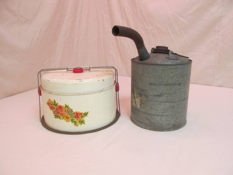 lot 67 image: Vintage Cake  Saver, Vintage Gas Can