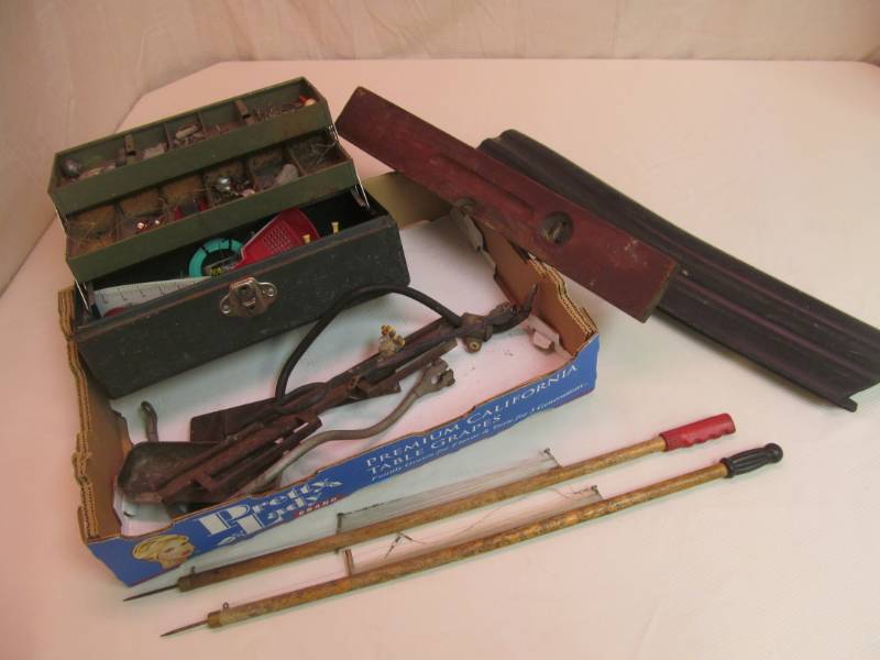 lot 70 image: Variety of Used Auto Parts, Ice Sticks, Level, Tackle box Full of Tackle, Southbend 353 Reel