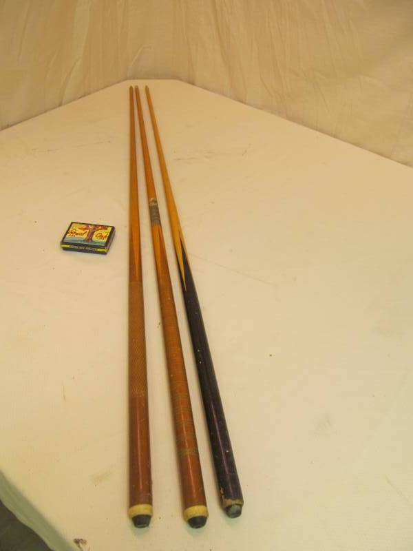 lot 130 image: 3 Straight Wooden Pool Cues, Box of Royal Tips
