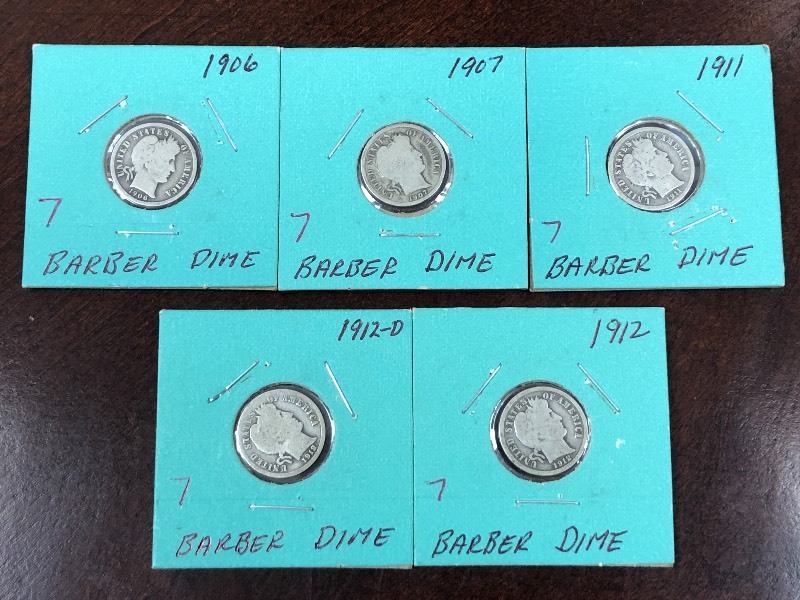 (5) Barber dimes 1906, 1907, 1911, ...