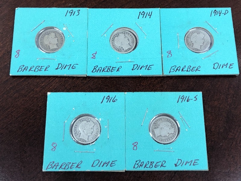 (5) Barber dimes 1913, 1914, 1914-...