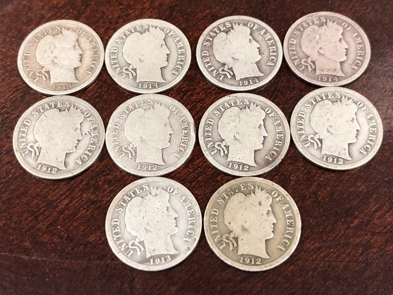 (10) Barber dimes, mixed full dates...