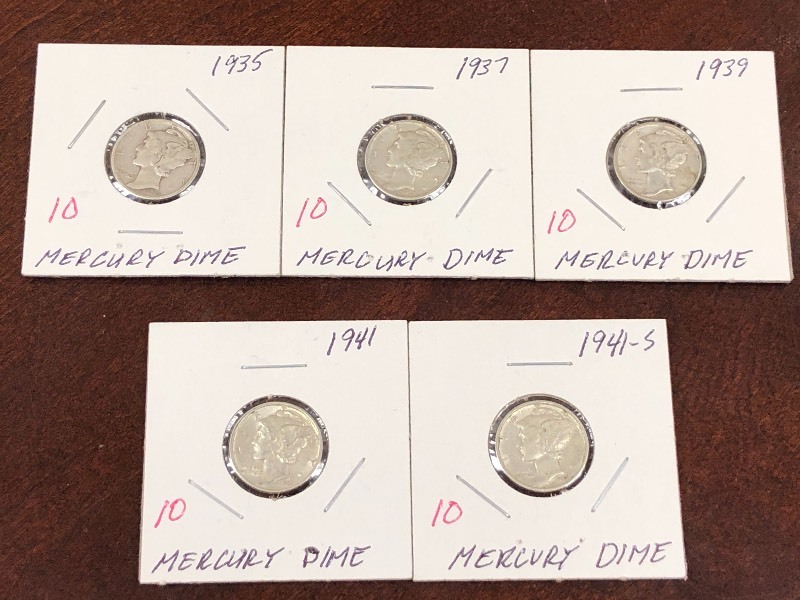 (5) Mercury dimes 1935, 1937, 1939...