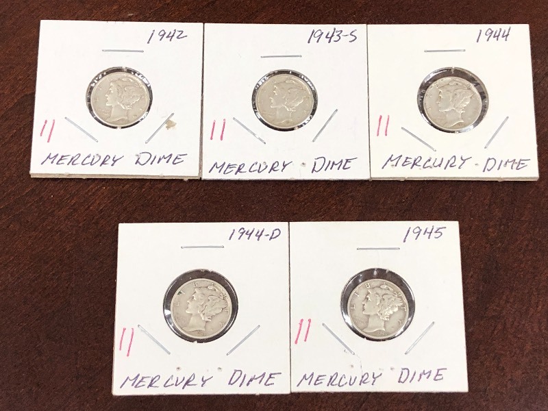 (5) Mercury dimes 1942, 1943-S, 19...