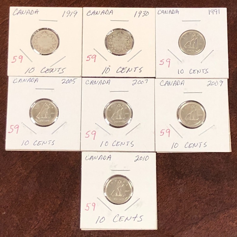 Canadian silver dimes, 1919, 1930 p...