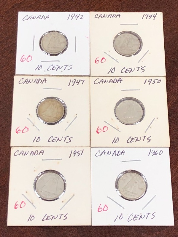 Canadian silver dimes, 1942, 1944, ...