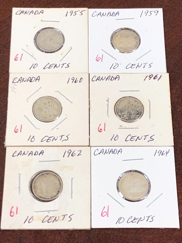 Canadian silver dimes, 1955, 1959, ...
