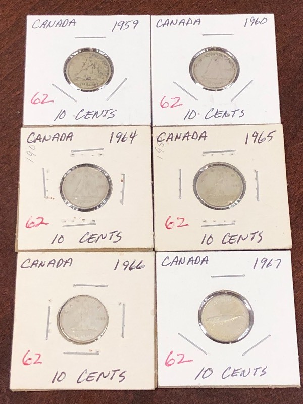Canadian silver dimes, 1959, 1960, ...