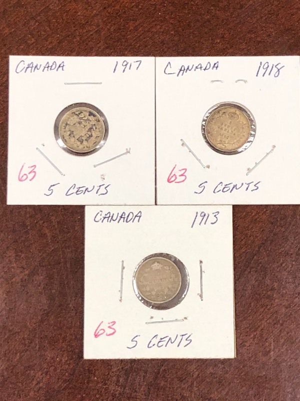 Canadian silver 5 cent pieces, 1913...