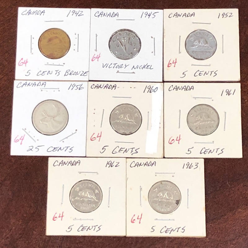 Canadian nickels, 1942 bronze, 1945...