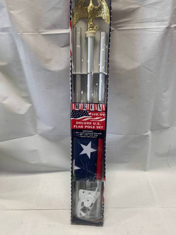 lot 76 image: Deluxe US Flag Pole Set   Includes 6 Pole, 3 x 5 US Flag (Flag day is June 14th)