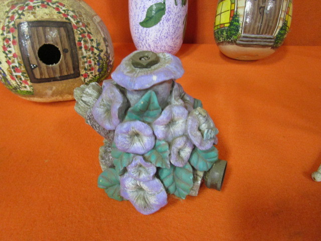 lot 102 image: Frog Garden Decor, Sprinkler, Gourd Bird Houses