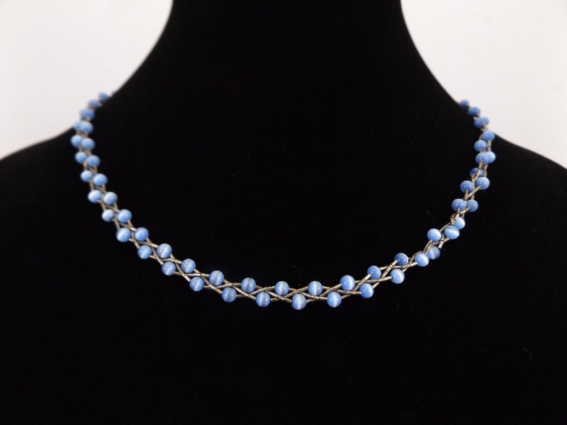 lot 5 image: .925 Sterling Silver Blue Cats Eye Chrysoberyl Bead Necklace