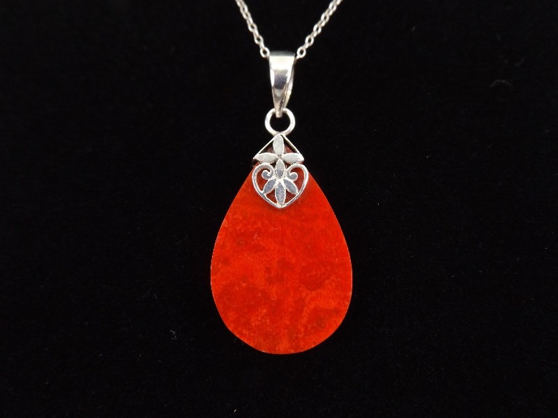 lot 6 image: .925 Sterling Silver Red Coral Pendant Necklace
