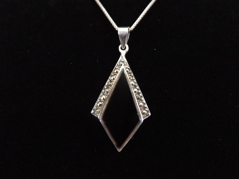 lot 8 image: .925 Sterling Silver Art Nouveau Inlayed Onyx Diamond Pendant Necklace