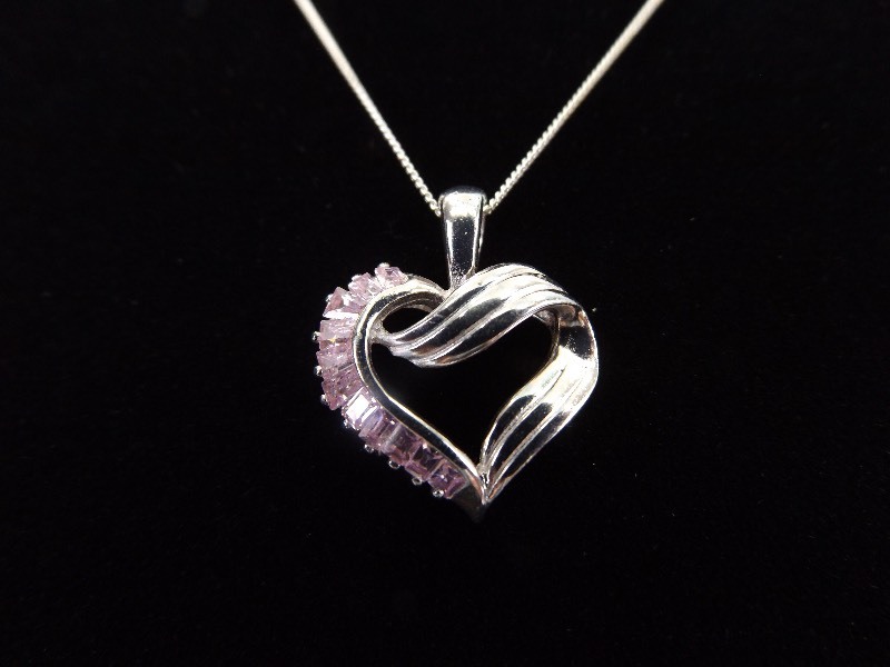lot 13 image: .925 Sterling Silver Pink Sapphire Crystal Heart Pendant Necklace