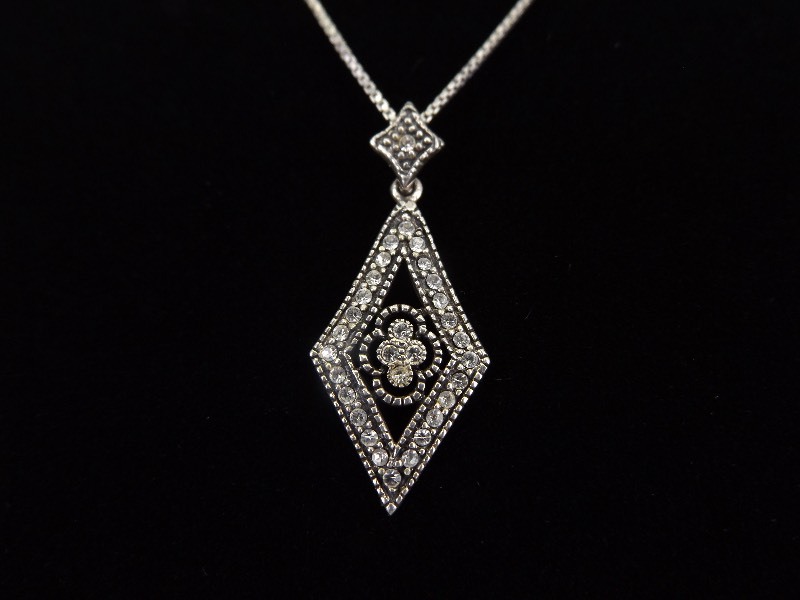 lot 17 image: .925 Sterling Silver Art Nouveau Crystal Diamond Pendant Necklace