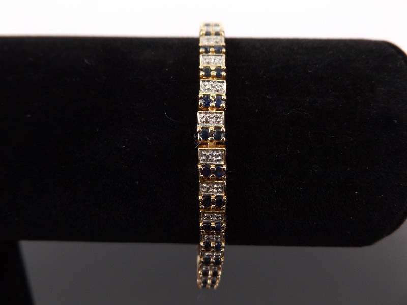 lot 32 image: .925 Sterling Silver Diamond Accented Sapphire Vermeil Tennis Bracelet