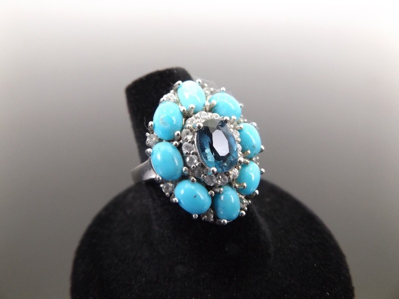 lot 45 image: .925 Sterling Silver Turquoise Cabochon and Topaz Fleurette Ring Size 6.75