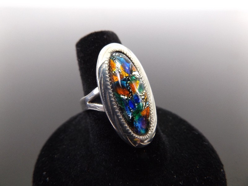 lot 61 image: .925 Sterling Silver Dichroic Glass Foil Cabochon Ring Size 7.25