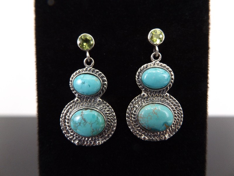 lot 75 image: .925 Sterling SilverTurquoise Cabochon Peridot Accented Dangle Earrings