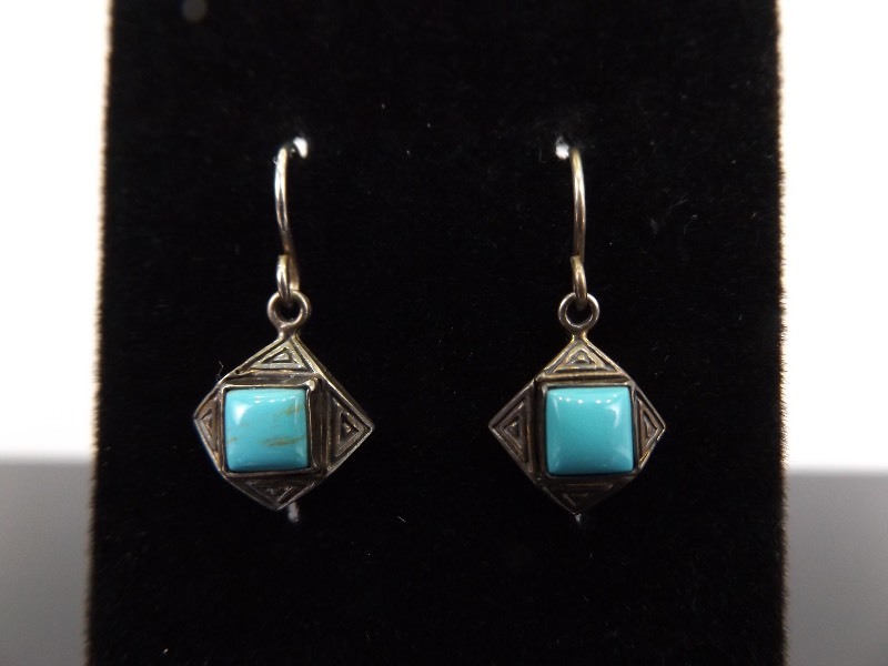 lot 77 image: .925 Sterling Silver Turquoise Diamond Aztec Dangle Earrings