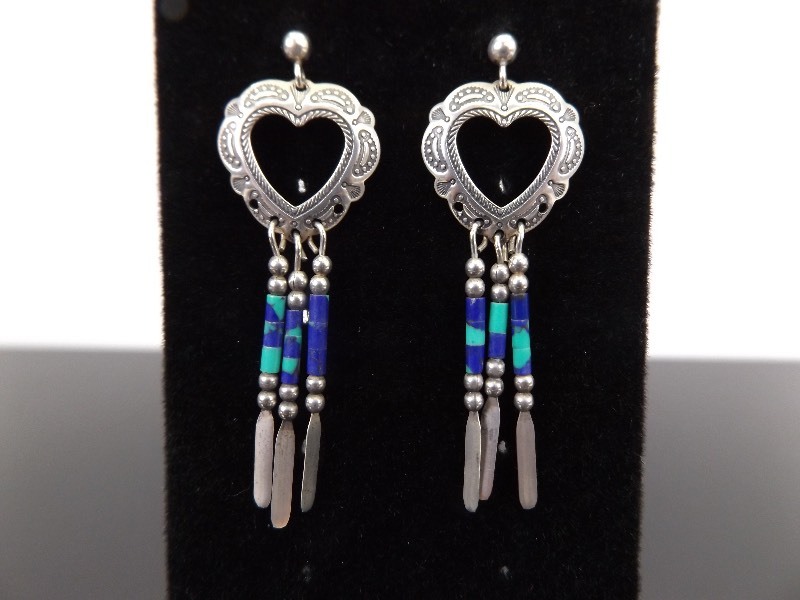 lot 78 image: .925 Sterling Silver Zuni Heart Dangle Earrings