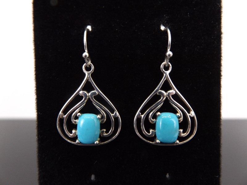 lot 80 image: .925 Sterling Silver Turquoise Cabochon Dangle Earrings